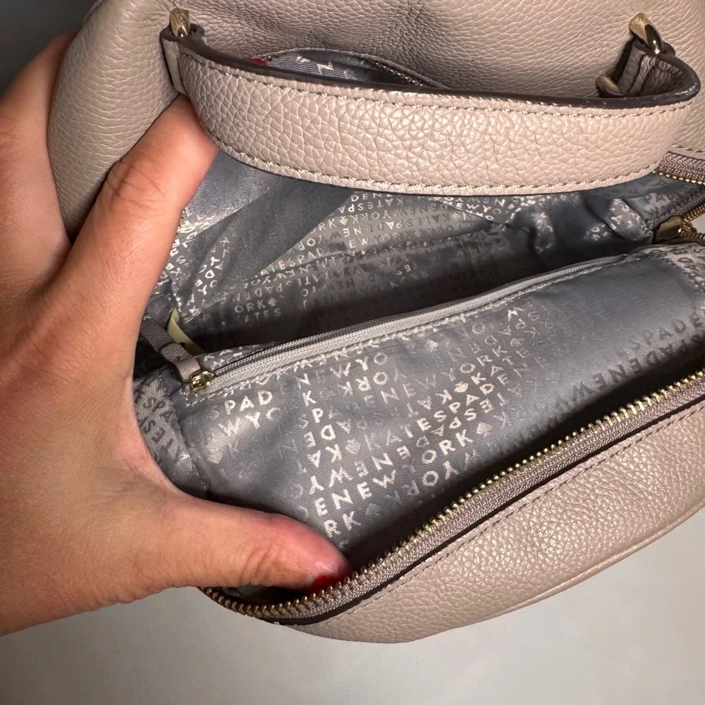 Kate Spade Mini Nicole Taupe Leather Backpack Gold Zip Pebble Minimalist Chic